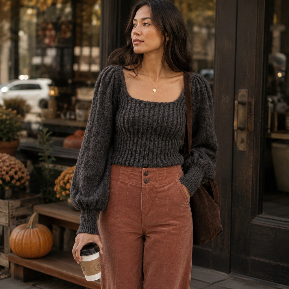 Free People Katie Gray Square Neck Puff Sleeve Ribbed Knit Pullover Sweater MED